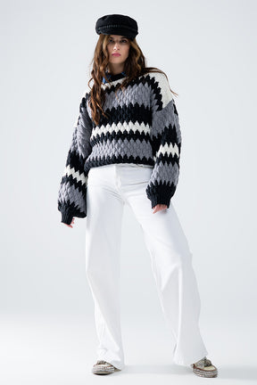maglione grigio oversize a righe zig zag
