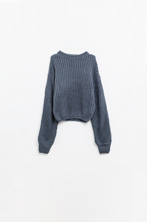 Q2 Maglione grigio scuro in maglia grossa con maniche a palloncino