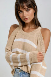 Q2 Maglione Heather con Spalle Scoperte e Righe Orizzontali in Beige