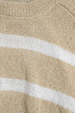 Maglione Heather con Spalle Scoperte e Righe Orizzontali in Beige