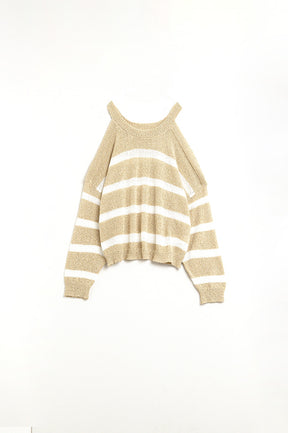 Maglione Heather con Spalle Scoperte e Righe Orizzontali in Beige