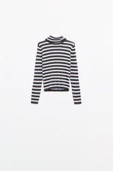 Q2 Maglione in lana a maglia fine a righe blu e marroni