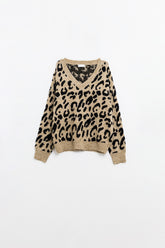 Q2 Maglione in morbida maglia con scollo a V e stampa leopardata