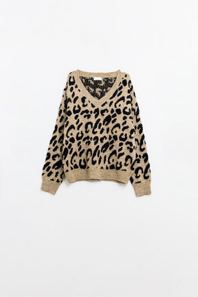 Q2 Maglione in morbida maglia con scollo a V e stampa leopardata