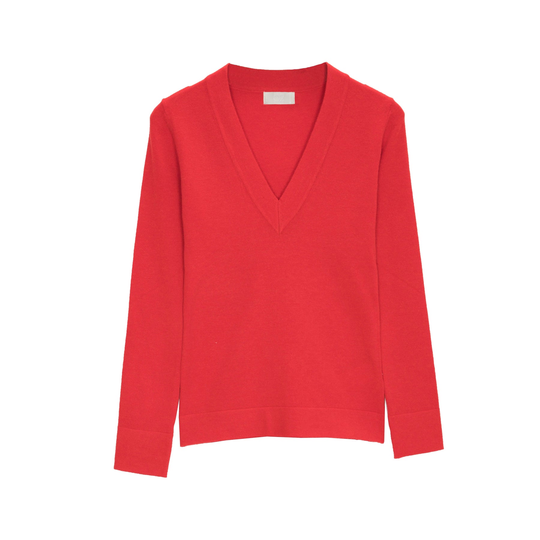 Maglione lavorato in maglia fine rossa con scollo V