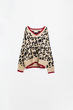 Q2 Maglione leopardato con scollo a V e dettaglio a righe rosse