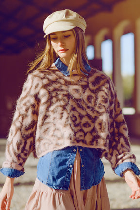 Q2 Maglione leopardato rosa in lana lavorato a maglia