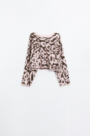 Maglione leopardato rosa in lana lavorato a maglia