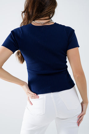 Maglione navy con incrocio sul davanti e scollo a V