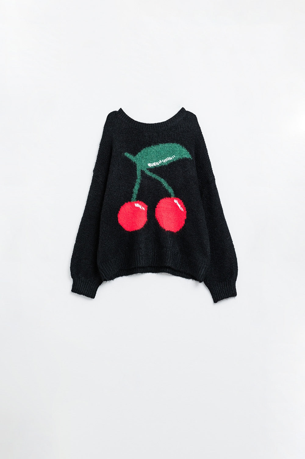 Q2 maglione nero con stampa di ciliegie