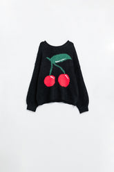 Q2 maglione nero con stampa di ciliegie
