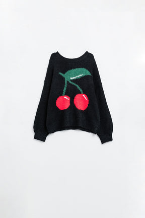 Q2 maglione nero con stampa di ciliegie