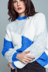 Q2 Maglione oversize a blocchi di colore in blu e bianco a coste grosse