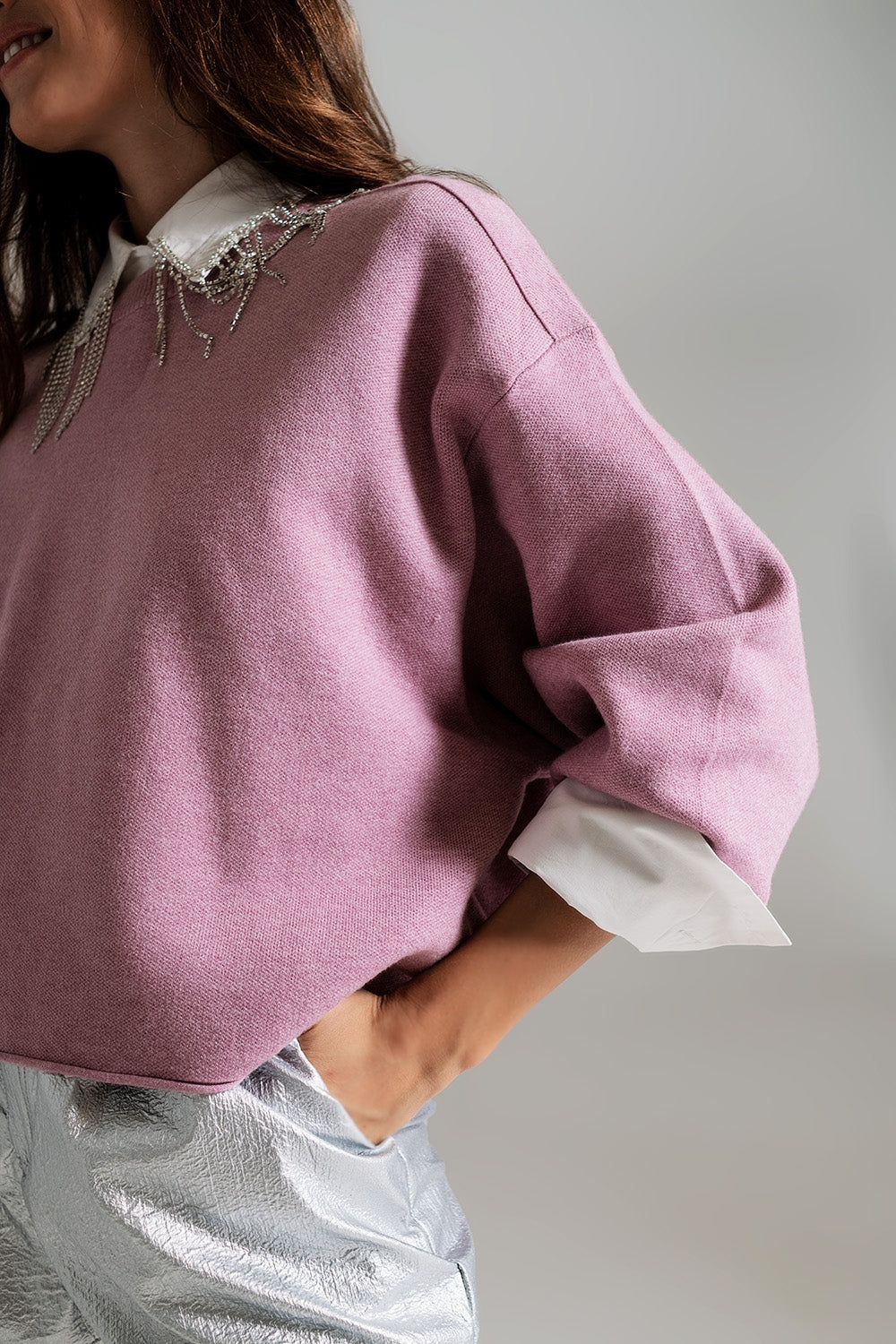 Maglione oversize con scollo a barca in rosa polveroso