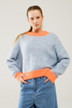 Q2 Maglione oversize in maglia blu chiaro/arancione