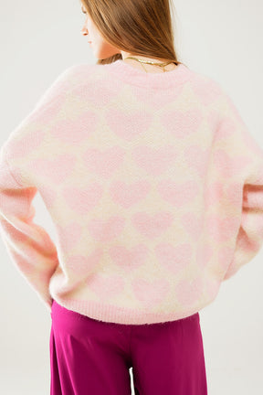 Maglione panna oversize super morbido con cuori rosa dappertutto