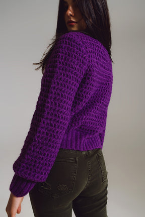 Maglione rilassato a maglie larghe con collo alto in viola