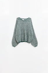 Q2 Maglione rilassato a righe ad ali di pipistrello in maglia accogliente verde e bianca