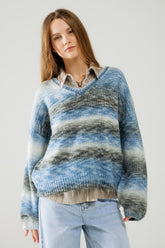 Q2 Maglione sciolto con scollo a V e righe blu e grigie