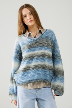 Q2 Maglione sciolto con scollo a V e righe blu e grigie