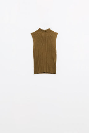 Maglione senza maniche a maglia fine in lana marrone