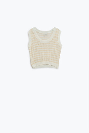 Q2 Maglione senza maniche a righe a maglia aperta in cream e bianco
