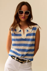 Q2 maglione senza maniche a righe in maglia aperta