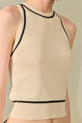Maglione Senza Maniche in Beige con Dettaglio di Linee Nere