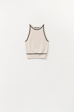 Maglione Senza Maniche in Beige con Dettaglio di Linee Nere