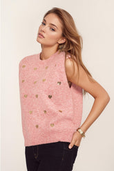 Q2 Maglione senza maniche rosa con cuori di paillettes argento