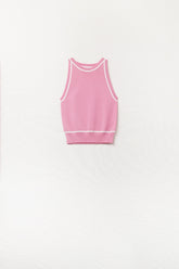 Q2 Maglione Senza Maniche Rosa con Dettagli a Righe Bianche
