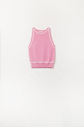 Q2 Maglione Senza Maniche Rosa con Dettagli a Righe Bianche