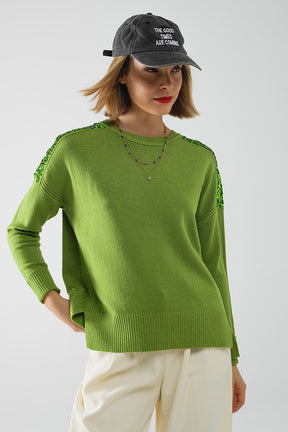 Maglione verde a maniche lunghe con paillettes sulle spalle