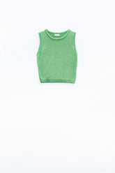 Q2 Maglione verde senza maniche con scollo a giro e dettaglio a treccia sulla scollatura