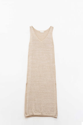 Q2 Maxi abito beige senza maniche con spacco laterale