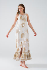 Q2 maxi abito boho in chiffon con stampa floreale oro