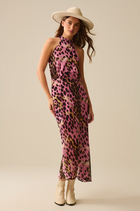 Q2 Vestito midi con collo incrociato con stampa animalier rosa e nera