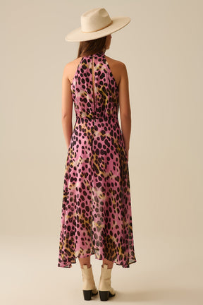 Vestito midi con collo incrociato con stampa animalier rosa e nera