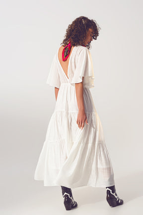 Maxi Abito Smock con Scollo a V in Bianco