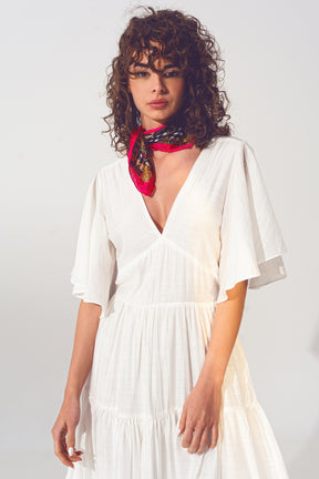Maxi Abito Smock con Scollo a V in Bianco
