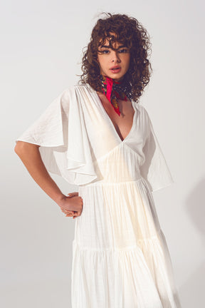Maxi Abito Smock con Scollo a V in Bianco