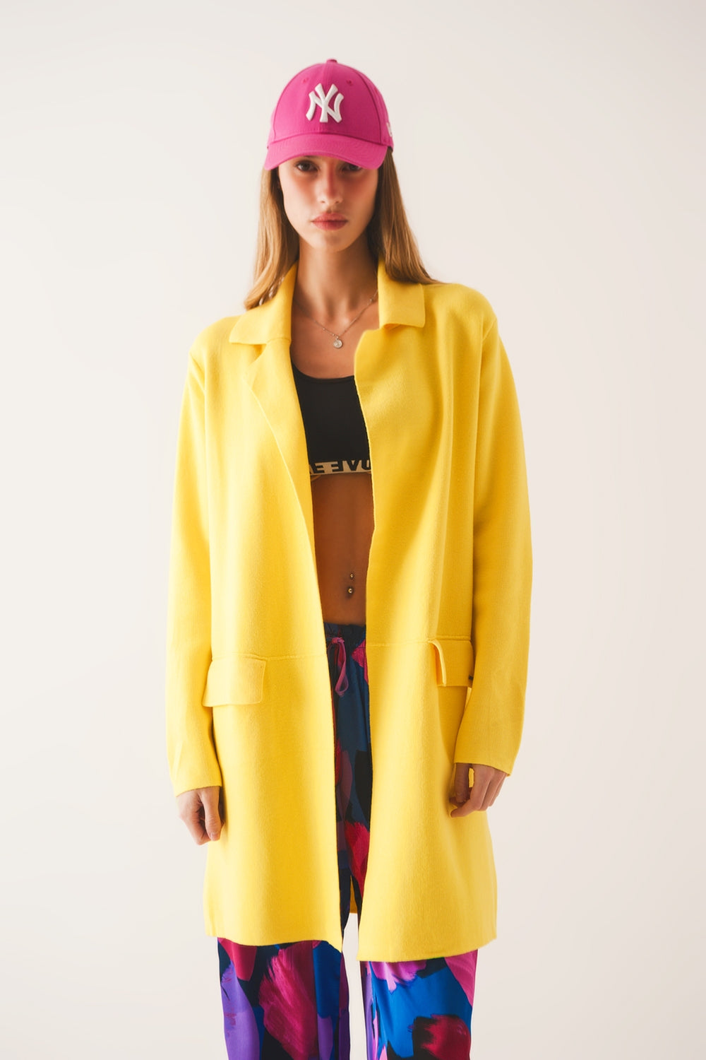 Maxi cardigan giallo con colletto