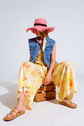 maxi tuta gialla con stampa tropicale