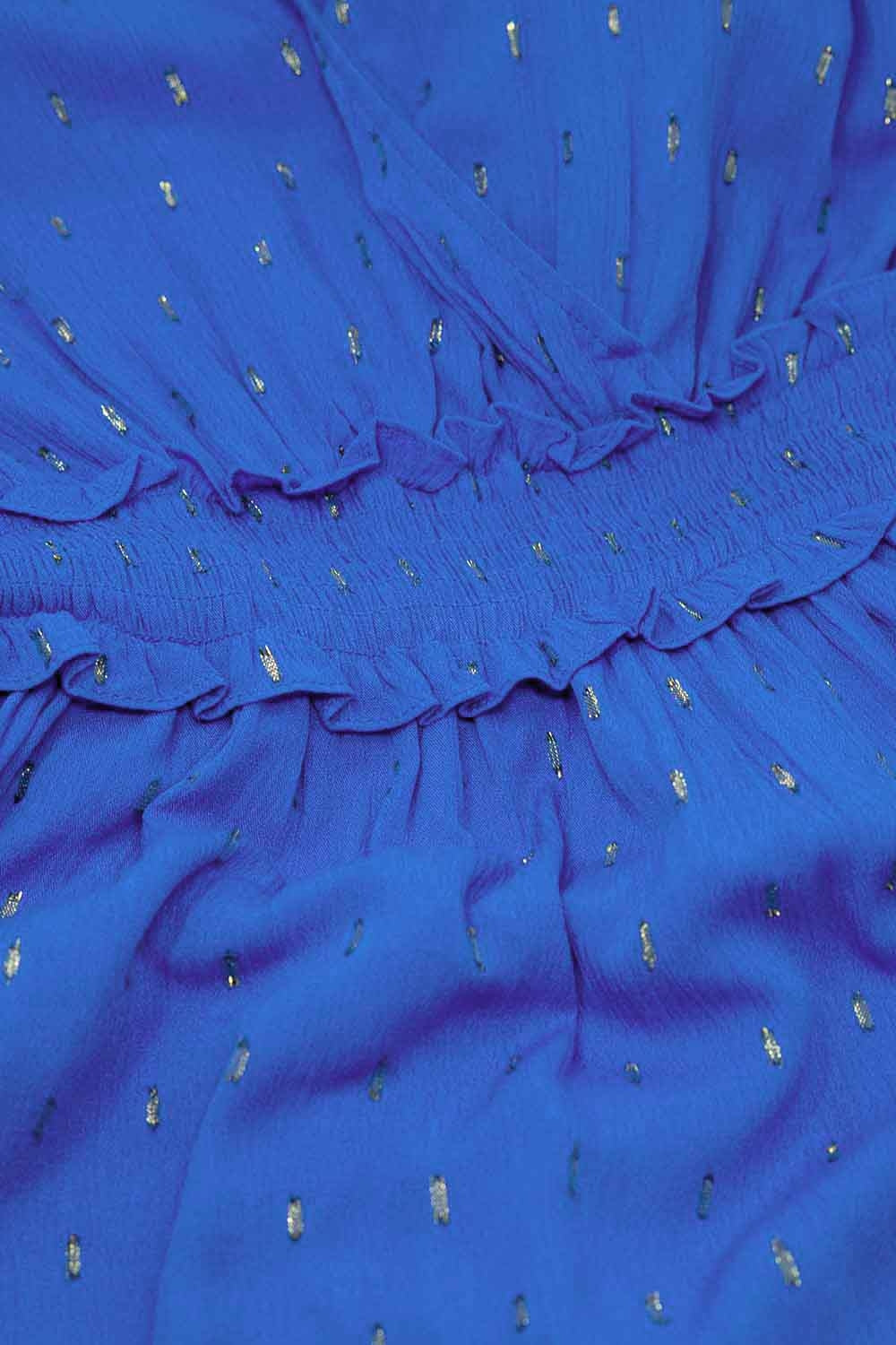 Midi dress blu avvolgente con dettaglio smock in vita e pois dorati