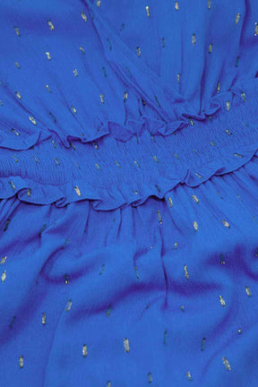 Midi dress blu avvolgente con dettaglio smock in vita e pois dorati