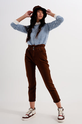 Mom jeans con cintura elasticizzata paperbag marrone