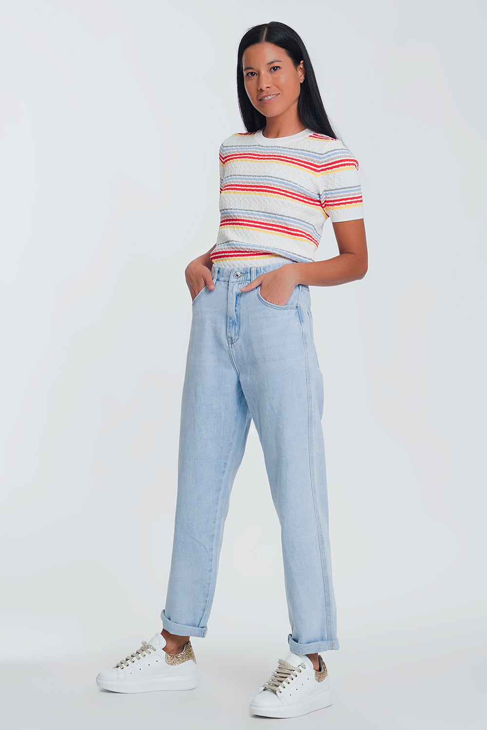 Mom jeans vita alta in azzurro