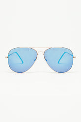 Q2 Occhiali da sole retro Aviator con lenti fumé blu e montatura dorata