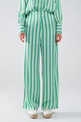 Q2 Pantaloni a gamba dritta a righe verticali in verde di raso