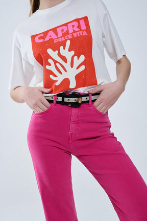 Pantaloni a gamba dritta con orlo ritagliato in magenta